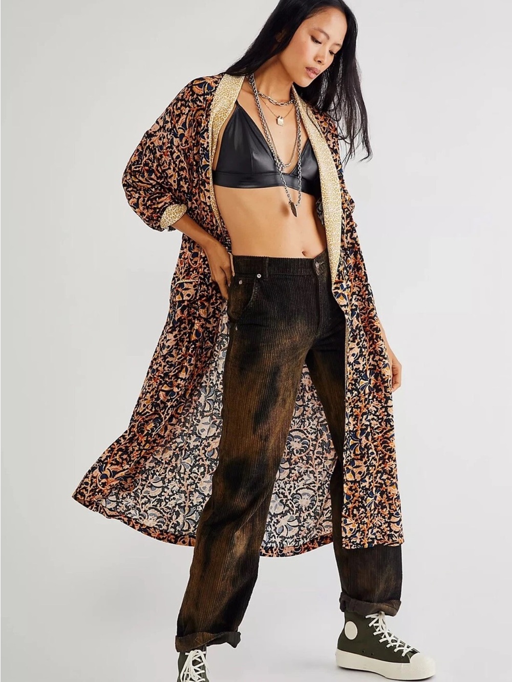 Free People Wild Nights Duster Kimono Black Floral Leopard Combo size Large $168